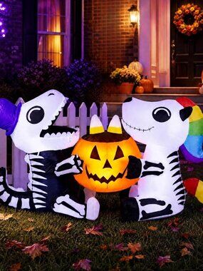 6 FT Halloween Inflatable Sitting Skeleton Dinosaur with Pumpkin